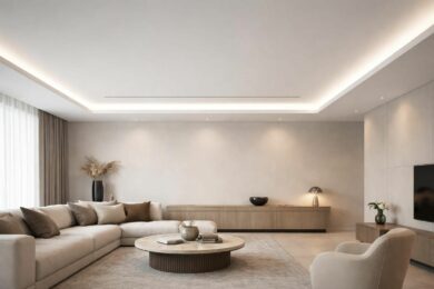 découvrez comment dissimuler élégamment un écran de projection grâce à un coffre intégré dans un faux plafond, assurant des finitions propres et un rendu esthétique impeccable.