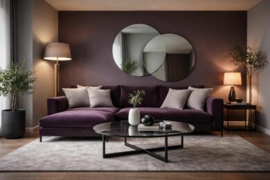 découvrez comment créer une ambiance feutrée et contemporaine dans votre salon avec une décoration aux tons aubergine et gris, alliant élégance et confort.