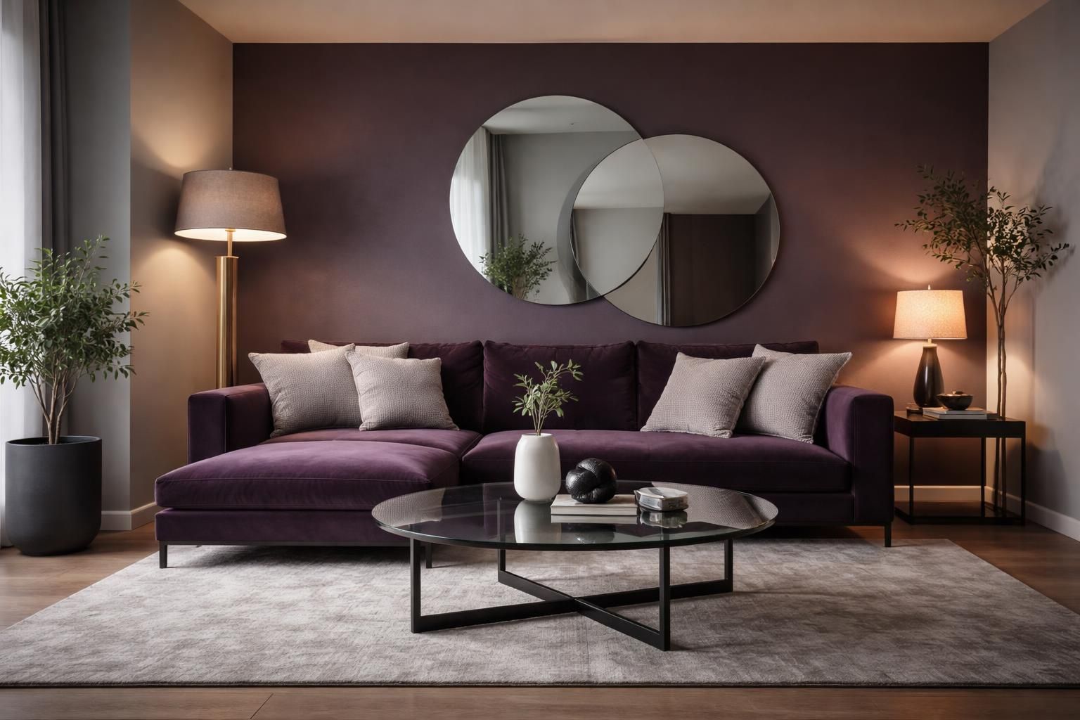 découvrez comment créer une ambiance feutrée et contemporaine dans votre salon avec une décoration aux tons aubergine et gris, alliant élégance et confort.