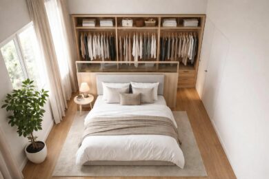 découvrez comment aménager efficacement votre chambre avec un dressing astucieusement placé derrière le lit pour optimiser l'espace et allier confort et fonctionnalité.