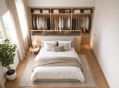 découvrez comment aménager efficacement votre chambre avec un dressing astucieusement placé derrière le lit pour optimiser l'espace et allier confort et fonctionnalité.