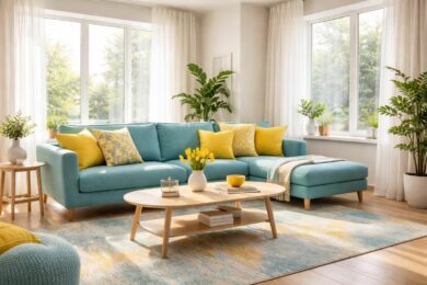 découvrez comment associer le bleu turquoise et le jaune pour un salon vitaminé et frais, apportant dynamisme et luminosité à votre intérieur.