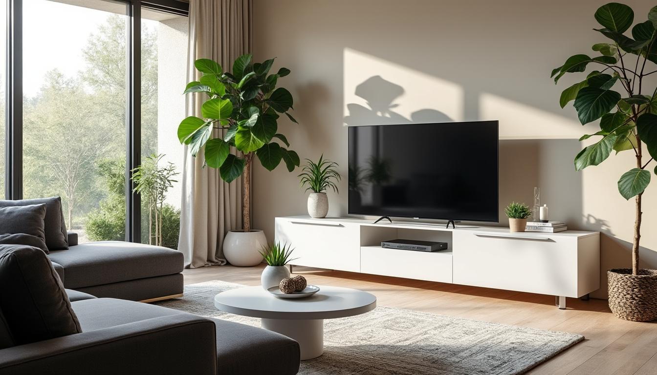 découvrez comment le meuble tv kikua de 130 cm en blanc brillant peut métamorphoser votre salon. alliant élégance et fonctionnalité, ce meuble moderne s'accompagne d'accessoires pratiques pour un espace de vie chic et organisé.
