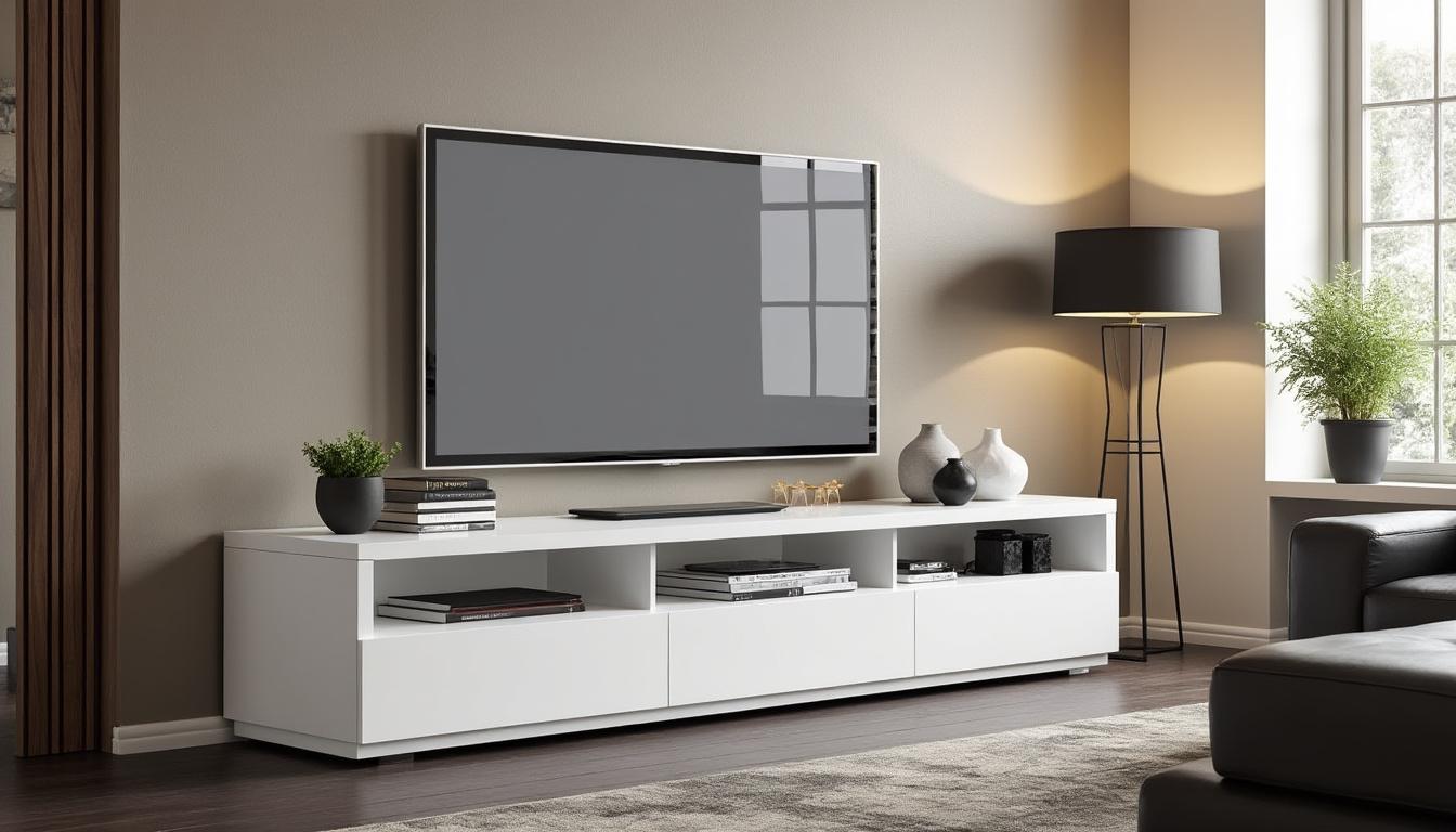 découvrez comment le meuble tv kikua de 130 cm en blanc brillant peut transformer votre salon. élégant et fonctionnel, il s'accompagne d'accessoires pour un aménagement moderne et stylé. offrez à votre intérieur une touche contemporaine avec ce meuble pratique et esthétique.