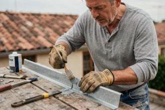 Artisan appliquant du décapant flux sur une gouttière en zinc avant soudure, en extérieur sur un établi en bois