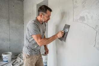 Plâtrier appliquant une couche fine d'enduit MAP sur un mur intérieur avec une taloche en acier inoxydable