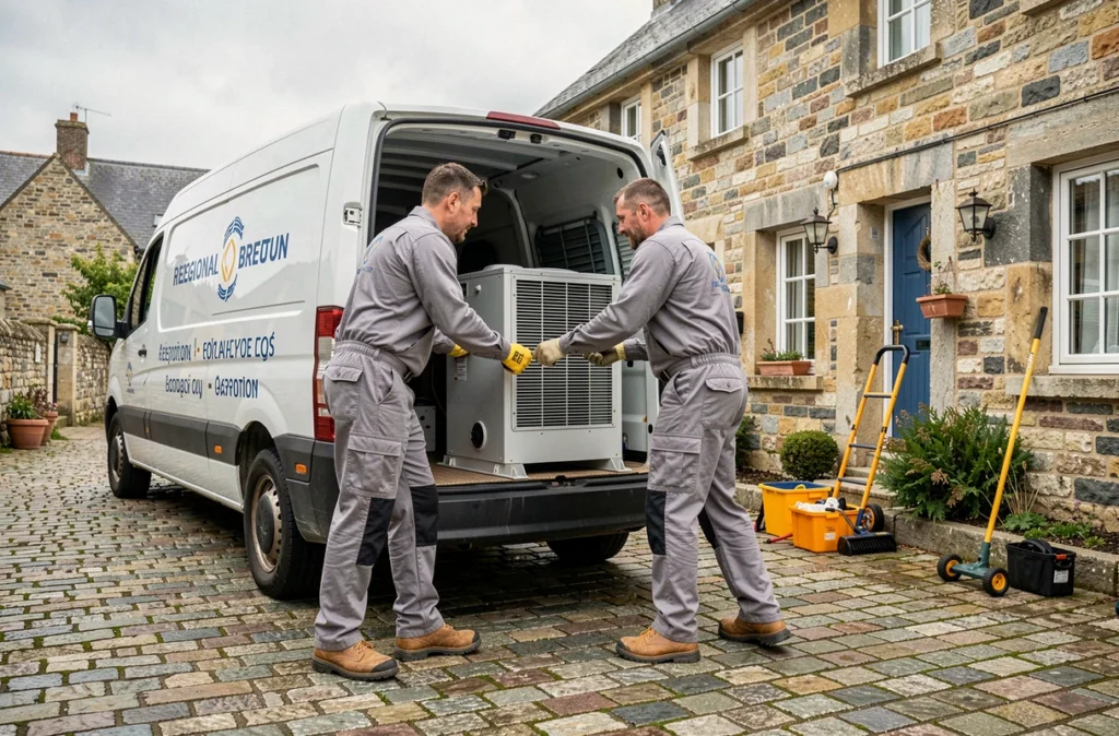 Équipe d'Argoat Turbo Diffusion déchargeant une pompe à chaleur devant une maison bretonne