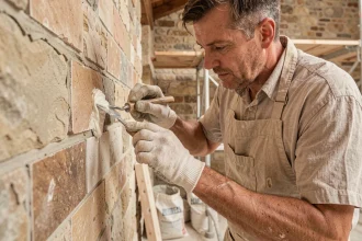 Artisan appliquant un joint à la chaux prêt à l'emploi sur un mur en pierre intérieur avec une truelle de jointement