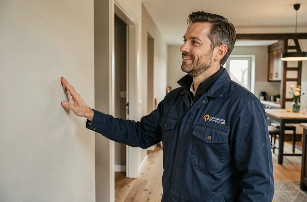 Artisan de l'entreprise Avenir Rénovations à Erstein présentant un intérieur rénové avec parquet et murs peints