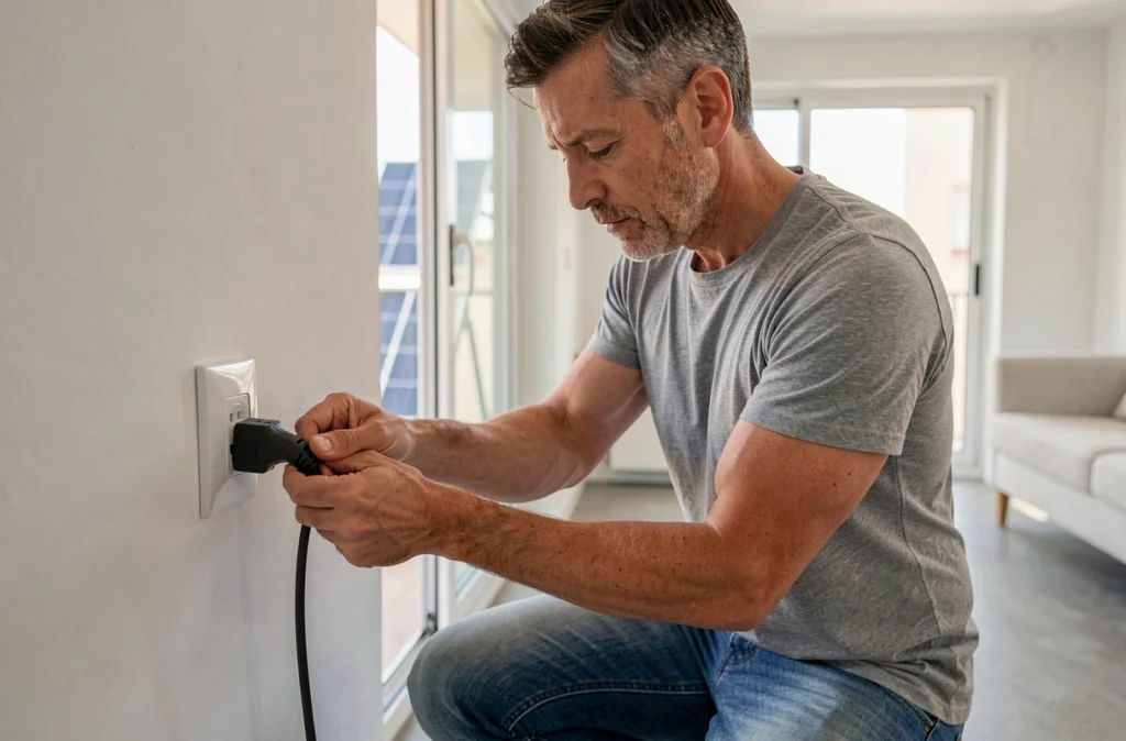 Homme branchant un micro-onduleur de panneau solaire sur une prise électrique 220V dans un appartement moderne