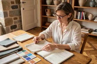 Femme consultant des échantillons de tissus et fiches couleurs pour planifier un budget décoration intérieure avec un conseiller Decoserotonine
