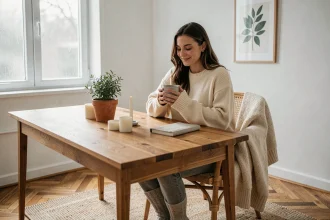 Femme en télétravail dans un bureau hygge douillet avec bureau en chêne, plaid en laine et bougies scandinaves