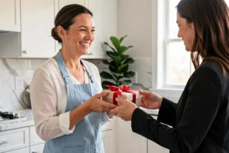 Femme de ménage souriante recevant un cadeau emballé de la part de son employeuse dans une cuisine moderne