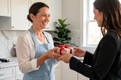 Femme de ménage souriante recevant un cadeau emballé de la part de son employeuse dans une cuisine moderne