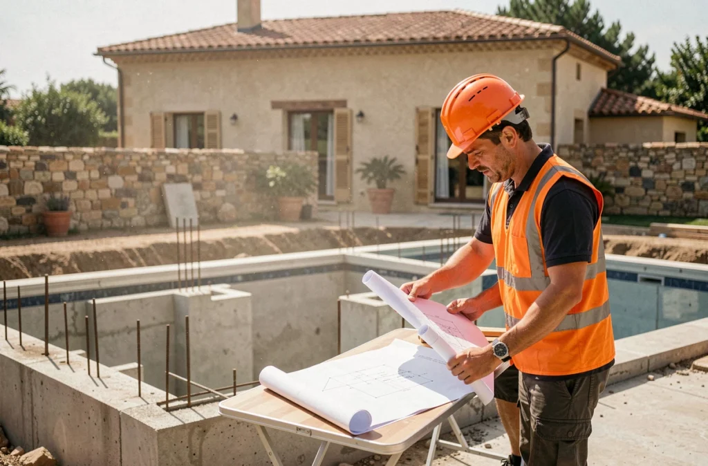 Deux ouvriers spécialisés étudiant les plans techniques d'une piscine en cours de construction dans les Bouches-du-Rhône
