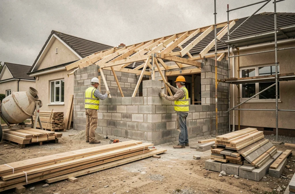 Chantier d'extension de maison plain-pied avec maçons posant les murs en parpaing et charpente bois