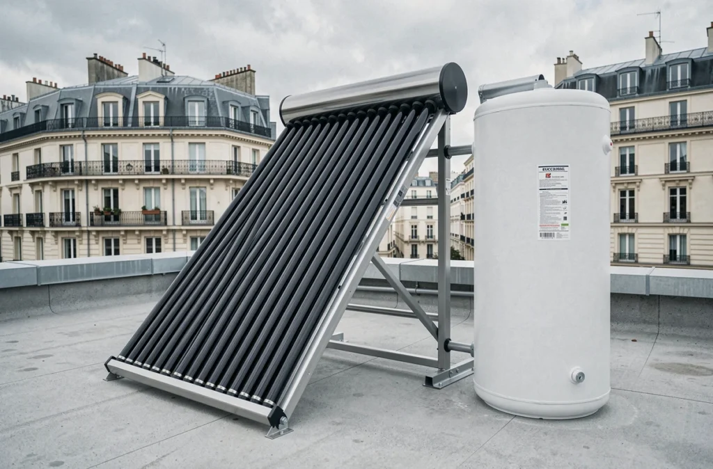 Chauffe-eau solaire avec ballon de stockage installé sur une terrasse urbaine
