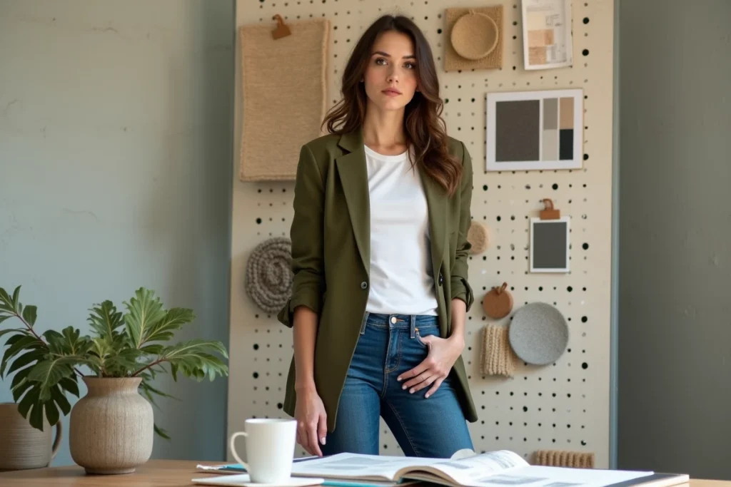 Coach en décoration intérieure présentant des tendances et échantillons de matières dans son studio