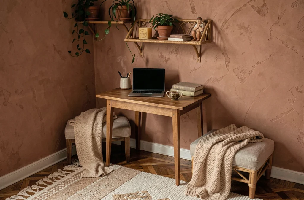 Coin bureau hygge aménagé avec bureau en bois, plantes et accessoires déco scandinaves pour le télétravail à la maison
