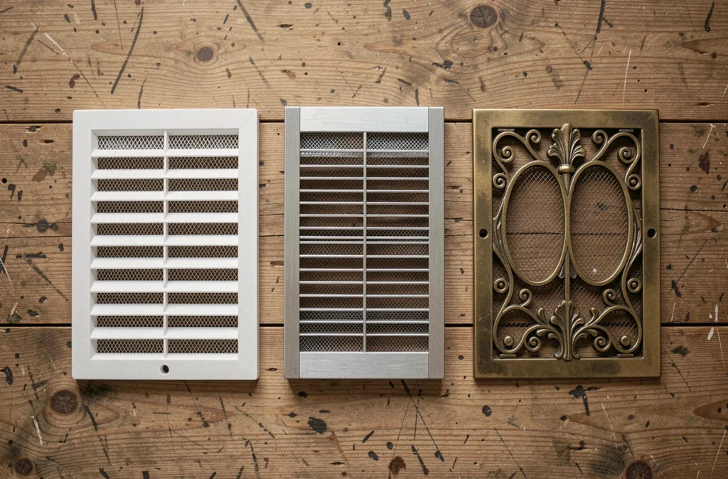 Comparatif de trois types de grilles d'aération pour fenêtre disposées sur une table en bois : plastique, aluminium et laiton