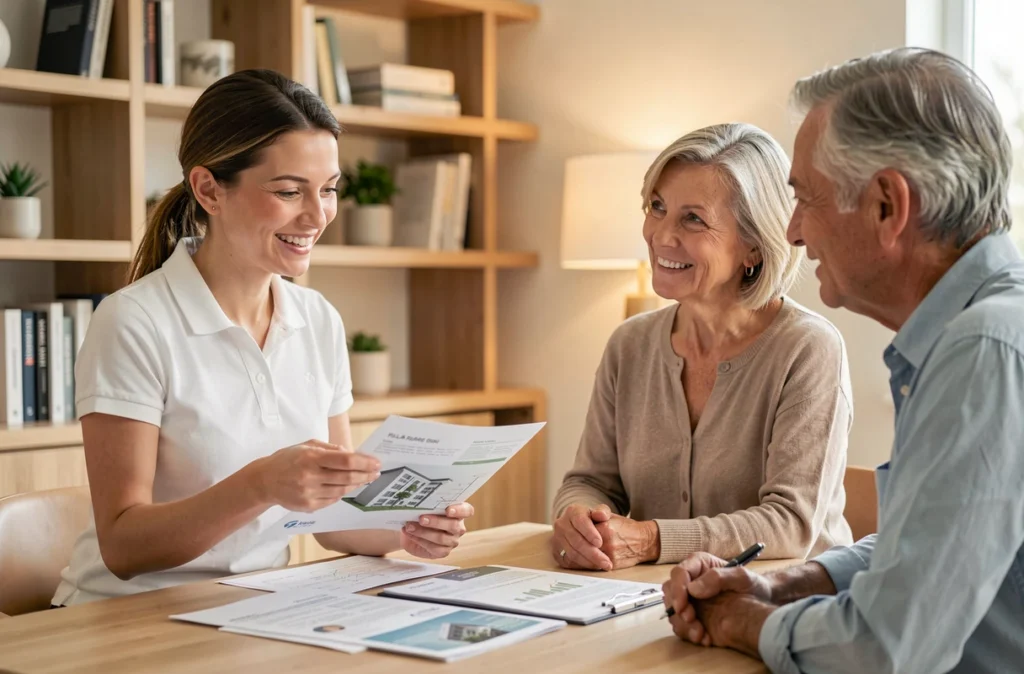 Conseillère de Confort Thermique présentant une solution de pompe à chaleur à un couple de propriétaires