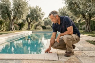 Constructeur de piscine professionnel inspectant le carrelage d'une piscine extérieure dans un jardin provençal des Bouches-du-Rhône