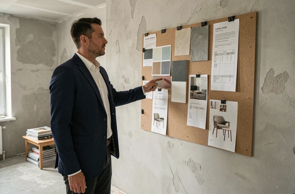 Consultant en décoration intérieure présentant un tableau de budget et d'échantillons de matériaux dans un appartement en rénovation