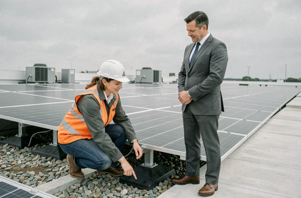 Consultante en énergie solaire expliquant le système de lestage sans perçage à un responsable de chantier sur toiture industrielle