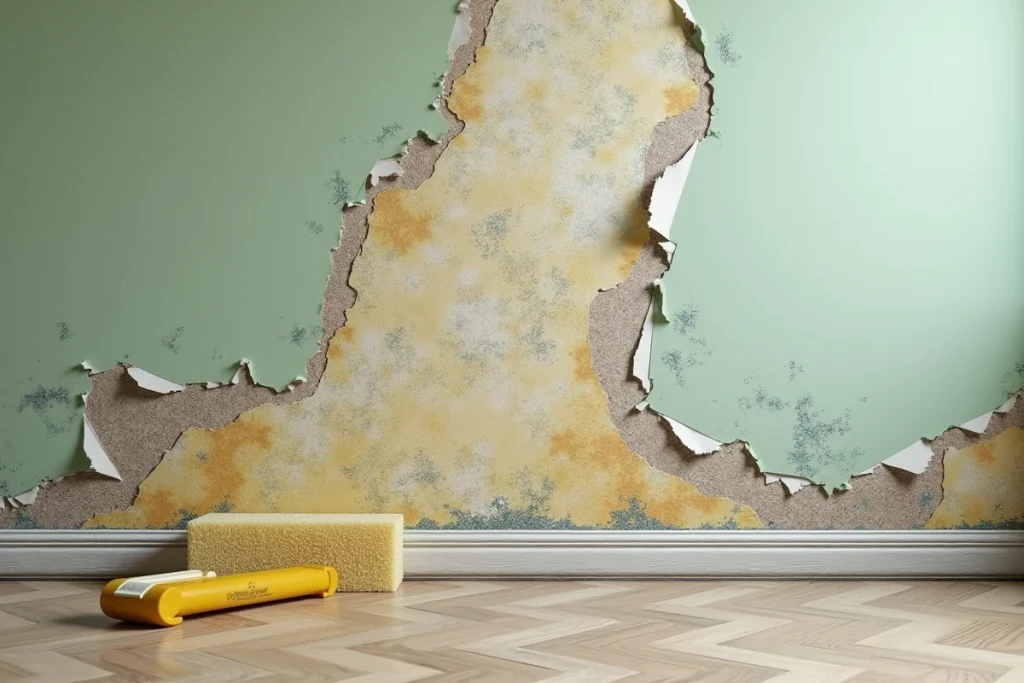 Gros plan sur un mur avec plusieurs couches de papier peint décollées partiellement lors d'une rénovation