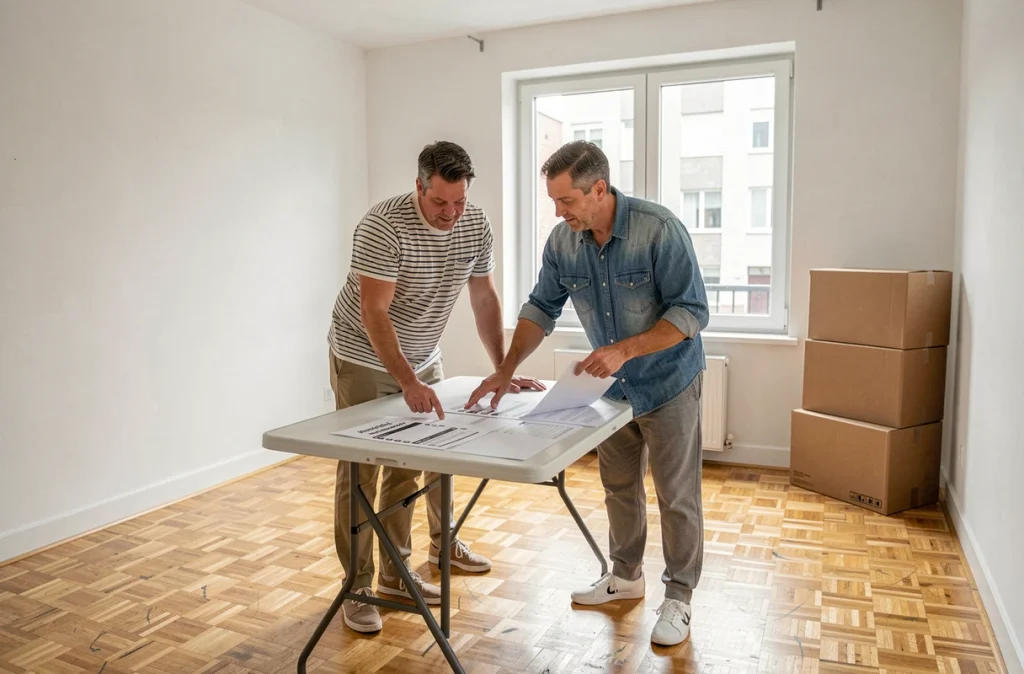 Couple examinant ensemble une check-list imprimée dans un appartement vide lors d'une installation dans un nouveau logement