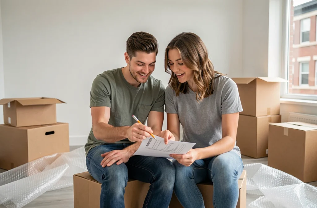 Couple consultant une liste de démarches administratives assis sur des cartons dans un appartement vide après un déménagement