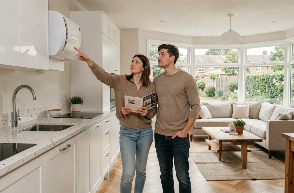 Couple examinant une pompe à chaleur air-air design nouvellement installée dans un séjour ouvert avec cuisine moderne