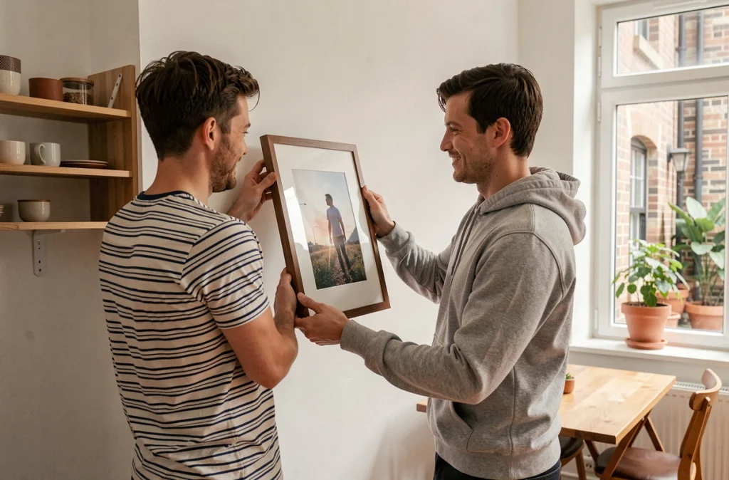 Couple accrochant un cadre sur un mur blanc dans leur nouvel appartement en ville, ambiance chaleureuse et quotidienne d'une installation récente