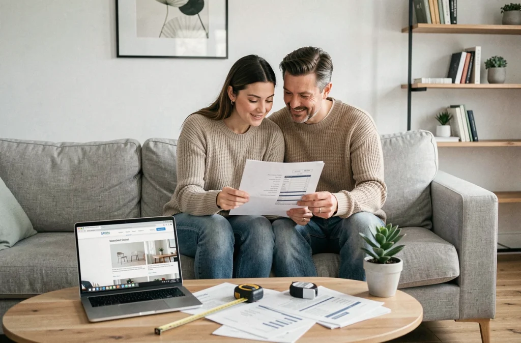 Couple examinant un devis de conseil en décoration intérieure sur leur canapé, avec un ordinateur affichant un site de décoration et des fiches de budget
