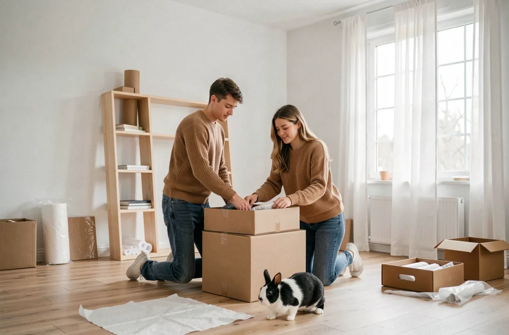 Couple aménageant un nouvel appartement pendant que leur lapin domestique explore librement les pièces