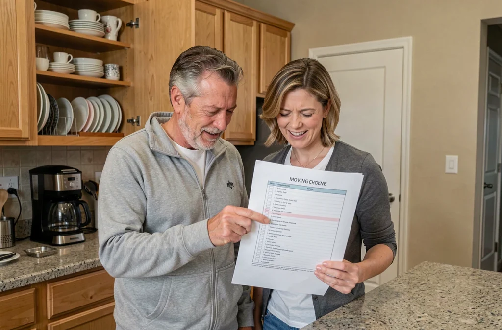 Couple révisant une liste de déménagement détaillée dans une cuisine à moitié démontée