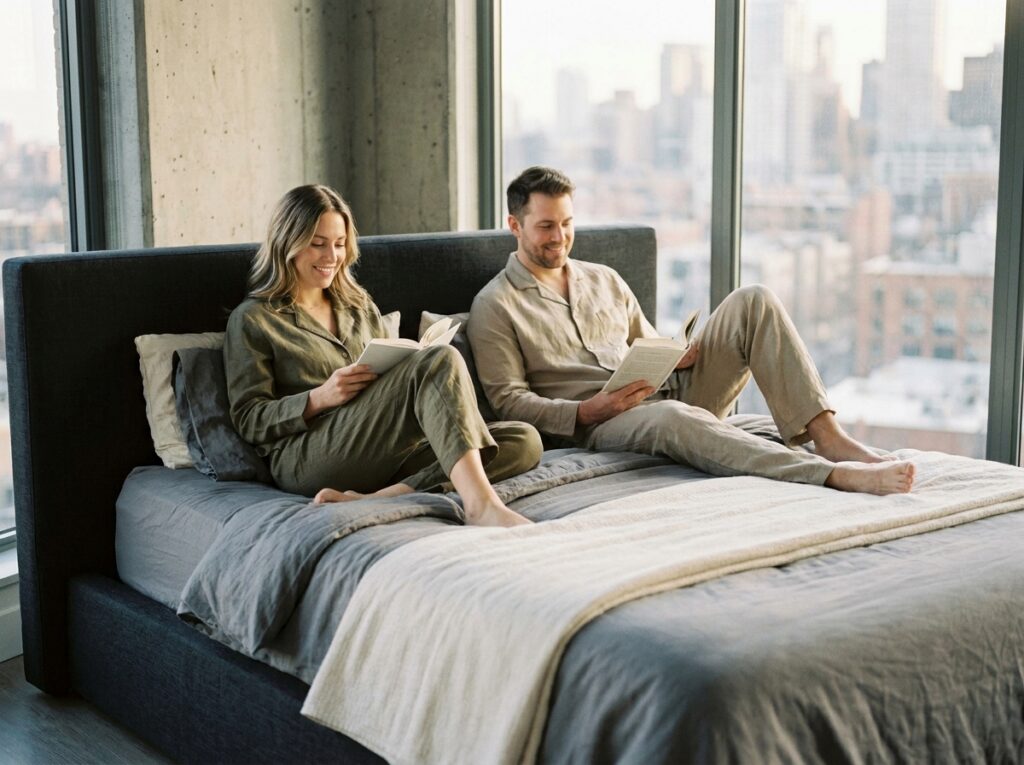 Couple lisant dans un lit 160x200 cm avec tête de lit capitonnée anthracite dans une chambre moderne au style urbain