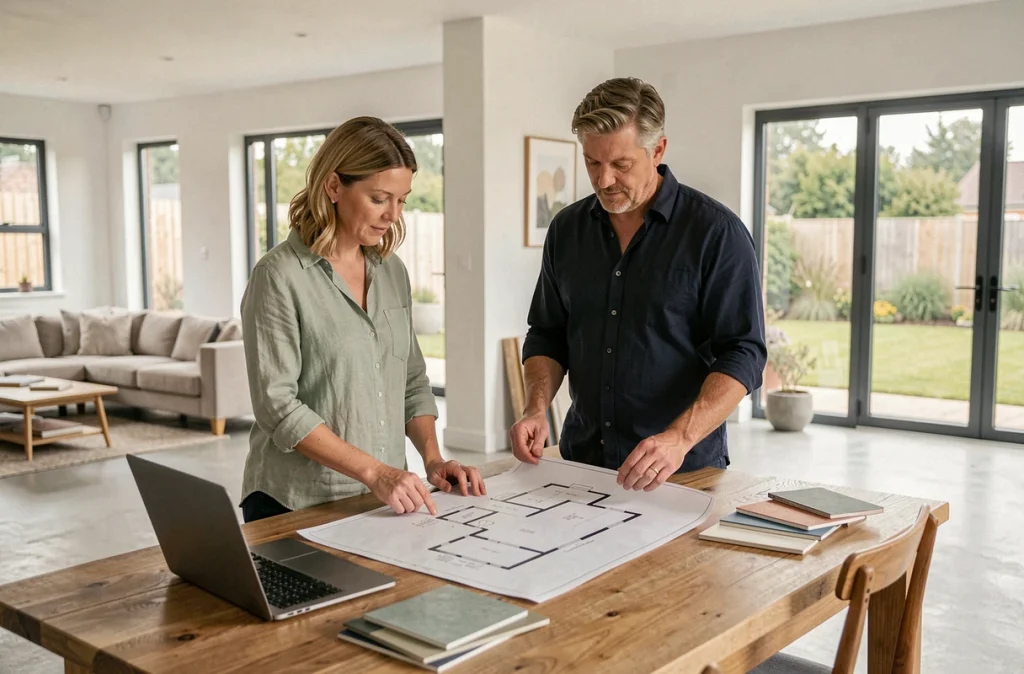 Couple examinant les plans d'une maison plain pied en L ou en U sur une table en bois dans un intérieur moderne