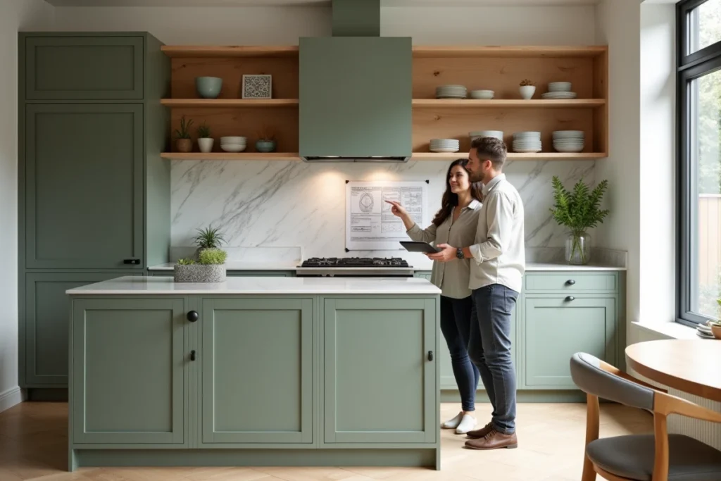 Couple découvrant un projet de rénovation déco dans une cuisine ouverte moderne aux tons naturels