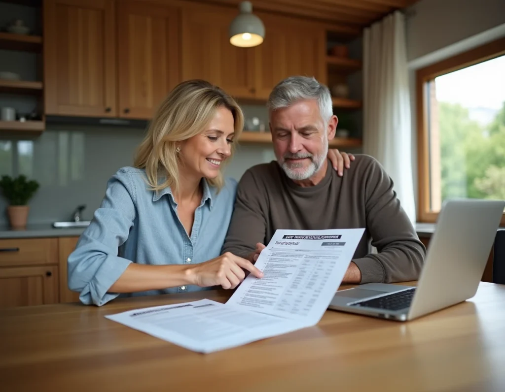 Couple de propriétaires comparant les tarifs d'un contrat d'entretien pour pompe à chaleur sur un document imprimé et un ordinateur portable