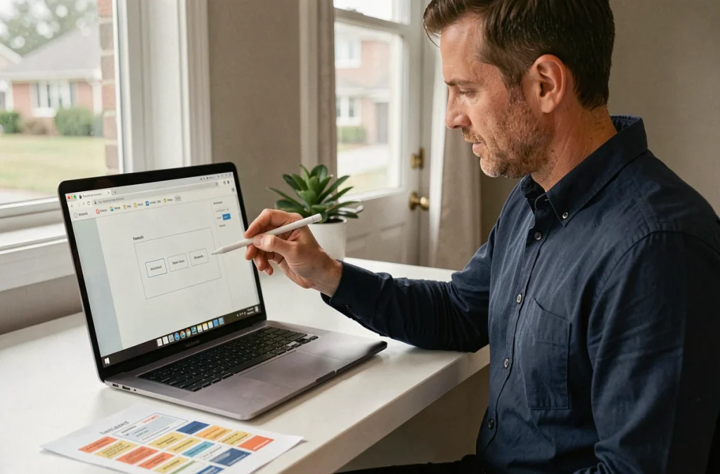 Homme créant une étiquette pour boîte aux lettres en ligne sans logiciel sur ordinateur portable