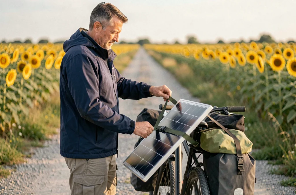 Cycliste attachant un petit panneau solaire rigide sur le porte-bagage de son vélo de voyage sur une route de campagne
