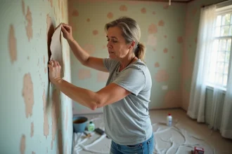 Femme décollant une bande de papier peint fleuri ancien dans un salon en cours de rénovation