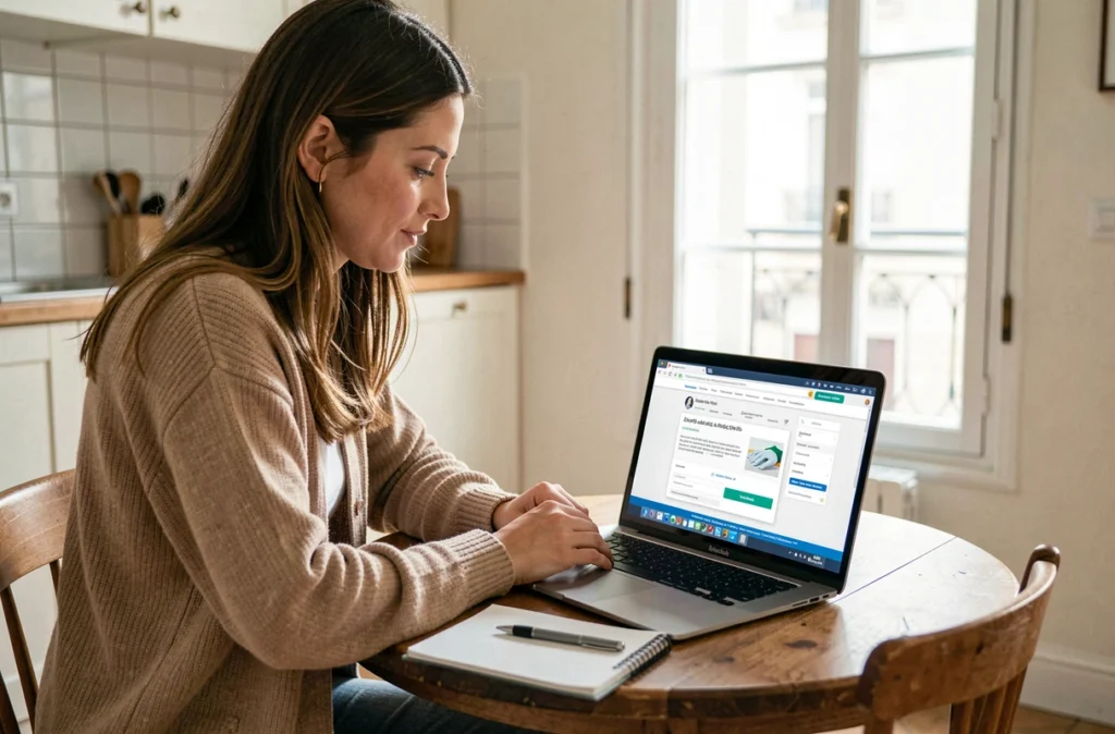 Femme consultant en ligne un devis pour un service de femme de ménage à domicile à Laon sur ordinateur portable