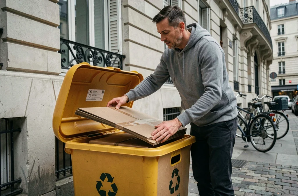 Homme déposant des cartons de déménagement aplatis dans un bac de recyclage en ville dans une démarche écoresponsable