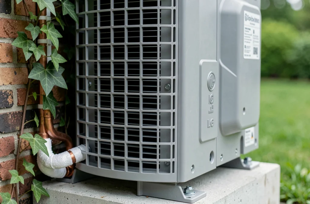 Gros plan sur le compresseur et les détails techniques d'une pompe à chaleur LG extérieure