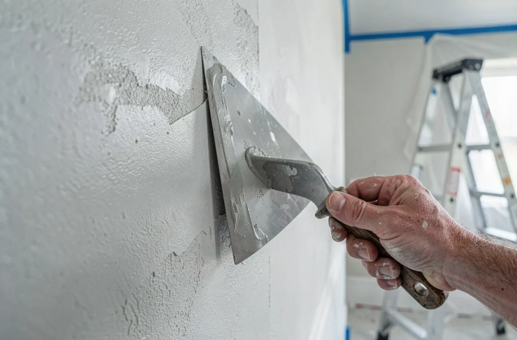 Détail en gros plan d'une couche fine d'enduit MAP lissé sur un mur intérieur avec taloche métallique en appui