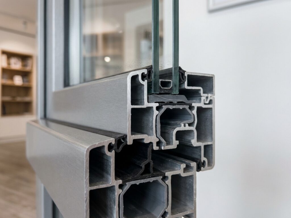 Détail de profilé en aluminium à rupture de pont thermique pour fenêtre haute performance, vue en coupe en showroom