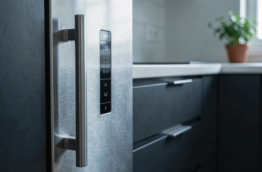 Détail de la poignée et du panneau de commande d'un réfrigérateur Beko en inox dans une cuisine avec façades anthracite