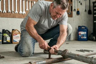 Homme frustré essayant de dévisser un écrou rouillé dans un garage avec une clé à molette
